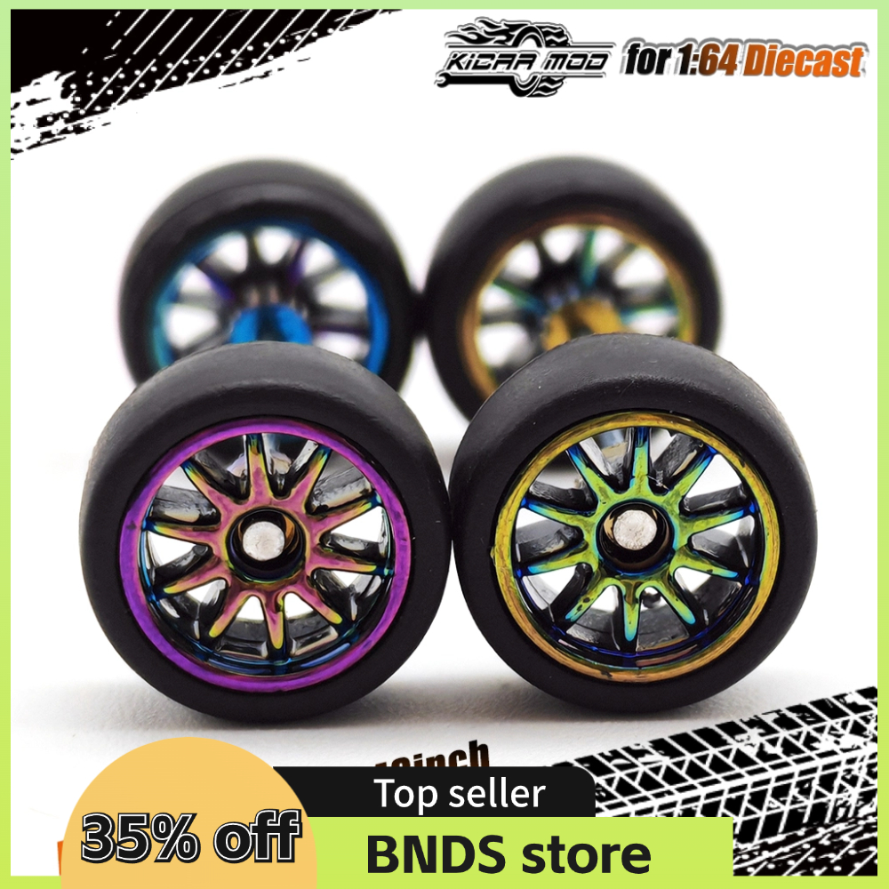 Ruedas de coche modelo 1/64, Color camaleón con neumáticos de goma, coche de juguete de carreras, piezas de modificación de rueda de fuego, 1 Juego
