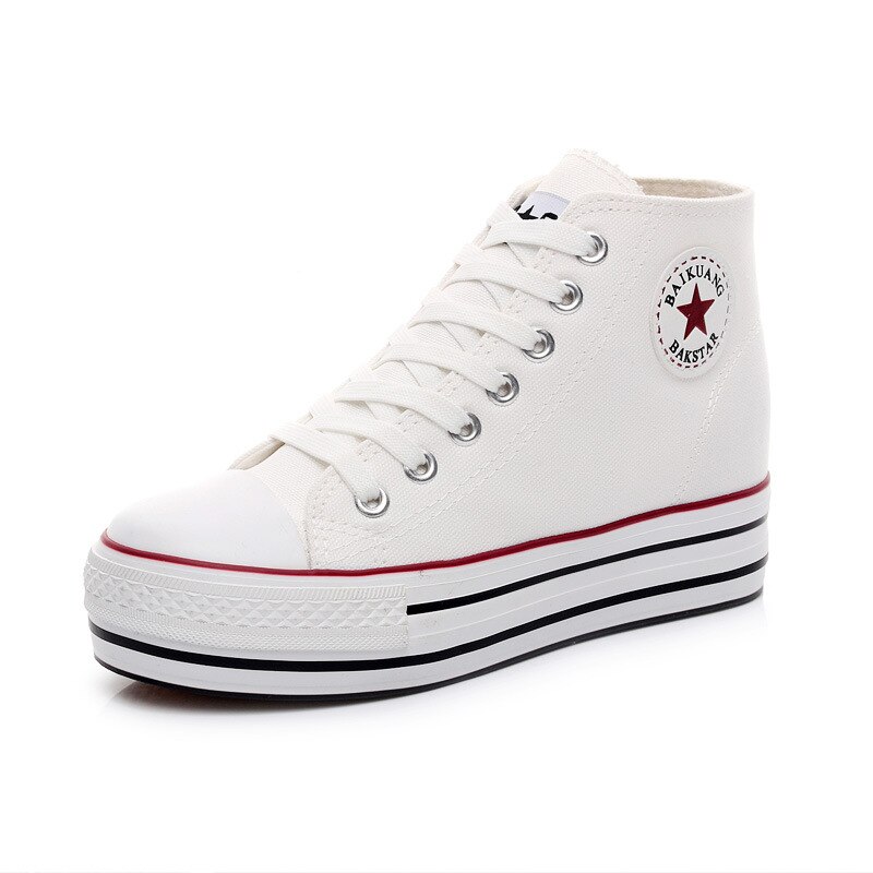 Dame lærredssko high-top indvendig forøgelse plus lille størrelse 34 ren farve hvide sneakers 5.0cm hæle snørebånd pige fritidssko