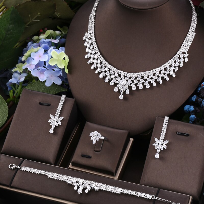 Janekelly 4pcs Bridal Zirconia Full Jewelry Sets For Women Party, Luxury Dubai Nigeria CZ Crystal Wedding Jewelry Sets