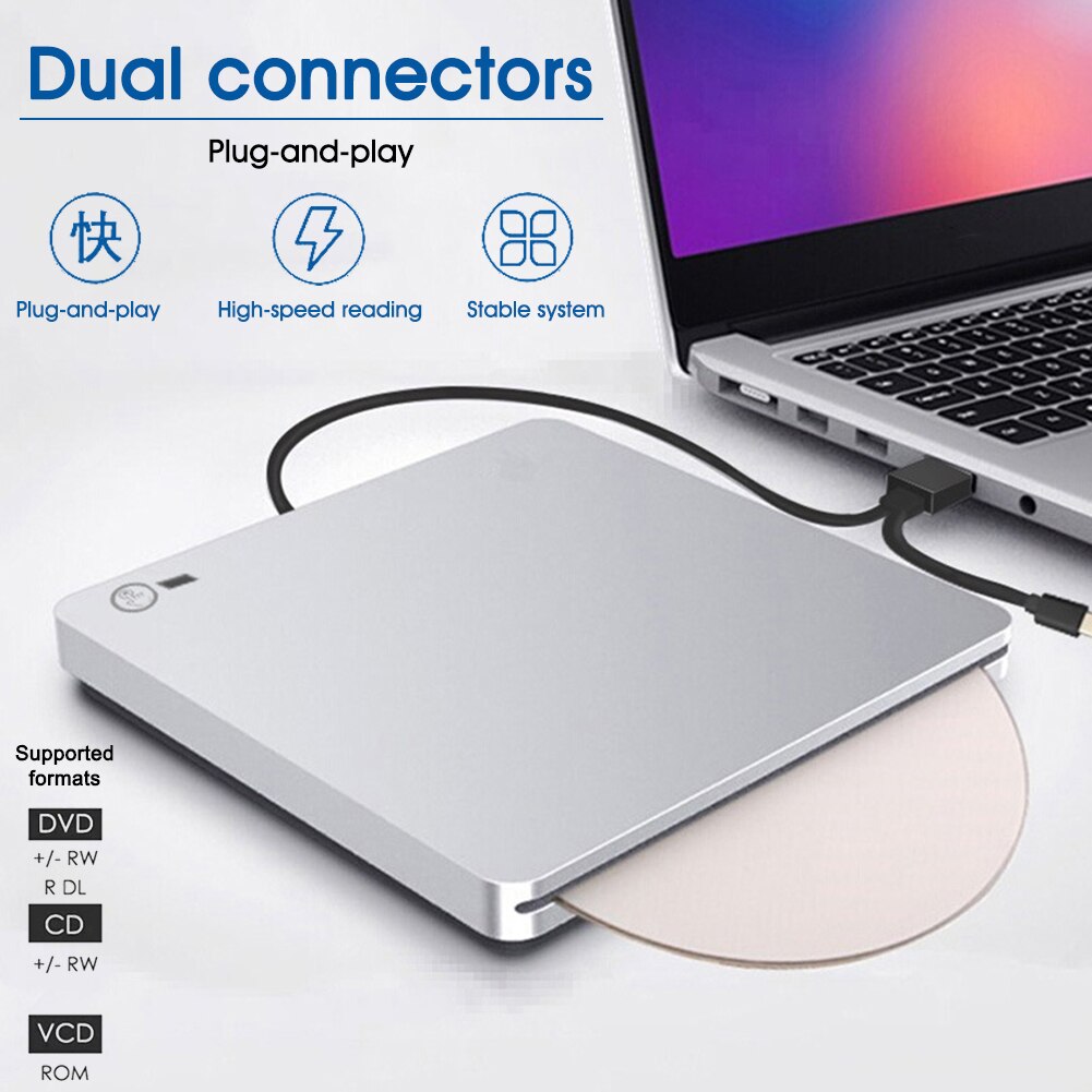 External DVD Drive USB 3.0/USB-C Dual Connectors Portable CD/DVD Player Burner for Laptop PC Windows XP/7/8 Mac OS