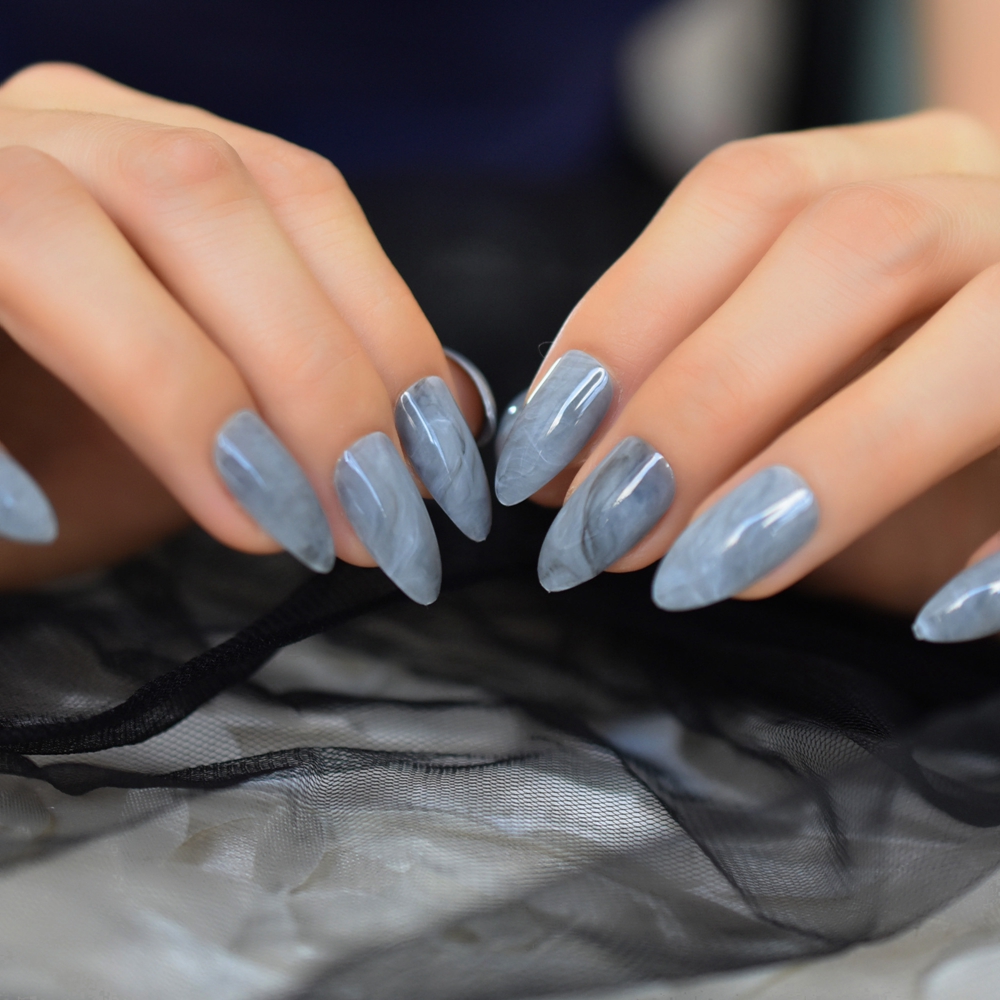 Marbling False Nails Grey Stiletto Shiny Marble Nail Art Tips Medium Size Pointed Sharp Nails 24 Count