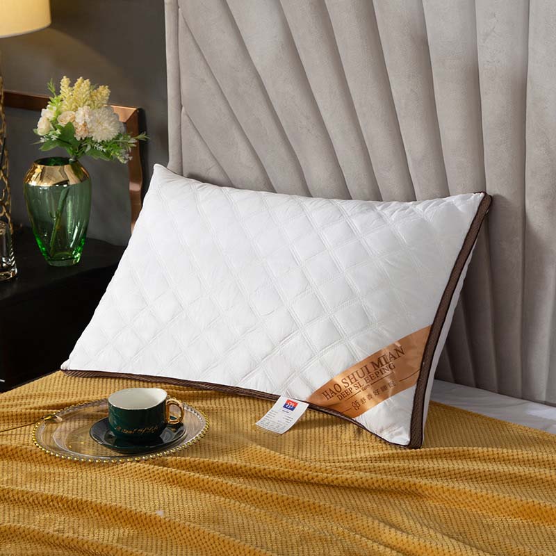 Oreiller de lit en duvet de plumes, pour dormir, hôtel, blanc, housse en coton, respirant, doux pour la peau, pour le cou, lavable en Machine, 1 pièce: Brown edged white / High pillow