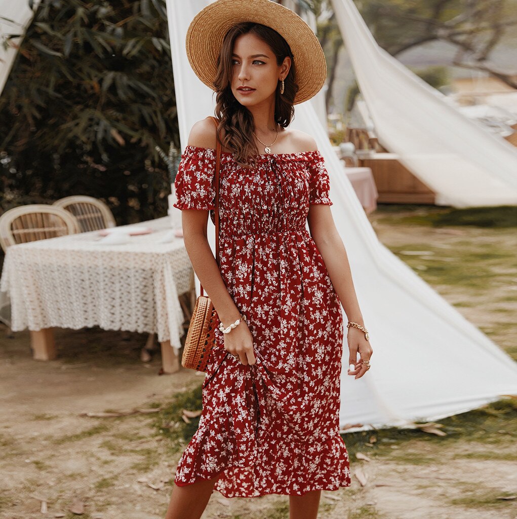 Women Dress Boho Floral Print Off Shoulder Ruffled Short Sleeve Sundress Summer Female Beach Dress Party Vestidos M140#: WE / S