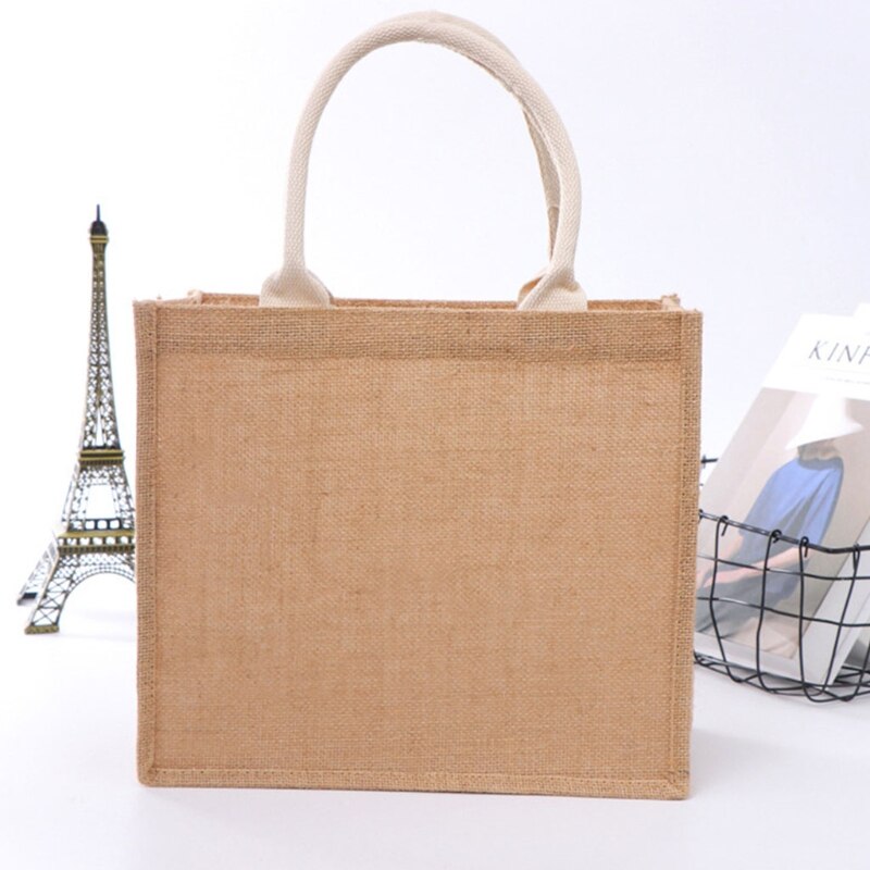 Reusable Jute Tote Bag Eco Friendly Burlap Grocery Bags for Shopping Beach X7YA