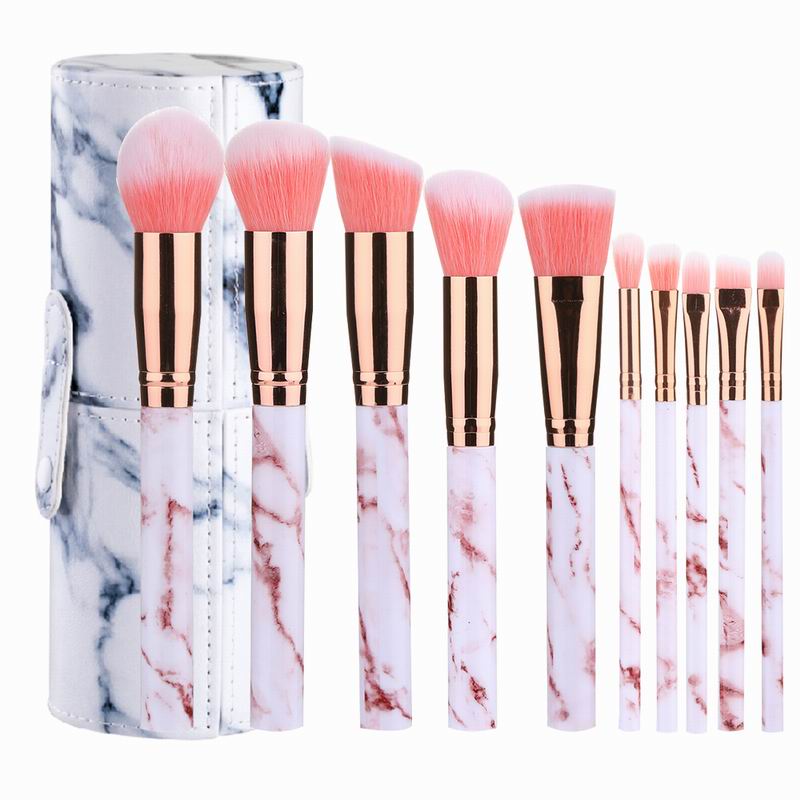 10 stk marmor makeup børster sett myk foundation pudder øyenskygge børste skjønnhet marmor makeup verktøy med sylinder: Rosa med sylinder