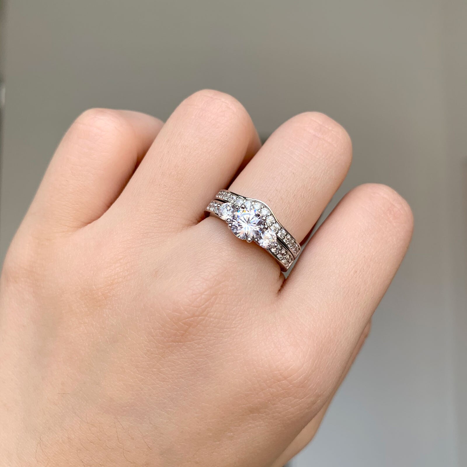 Newshe-Conjunto de 2 anillos de boda de plata 925 sólida para mujer, anillo de compromiso de 3 piedras, joyería clásica nupcial, BR1099