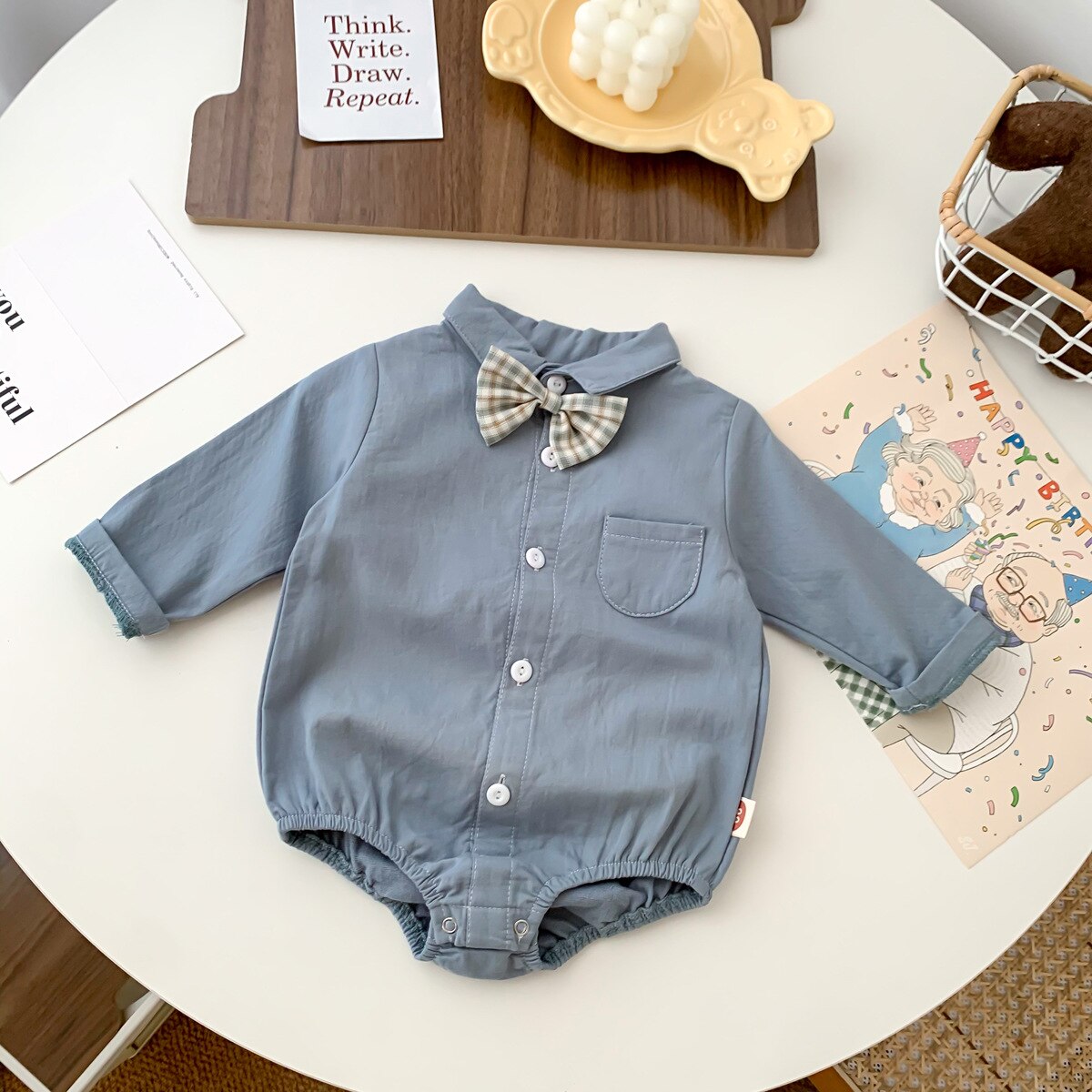 9763B Baby Kleding Jongen Bodysuit 2022 Baby Knappe Gentleman Strikje Shirt Klimmen Pak 100 Dagen Party Kleding: Blue / 90 for 2y