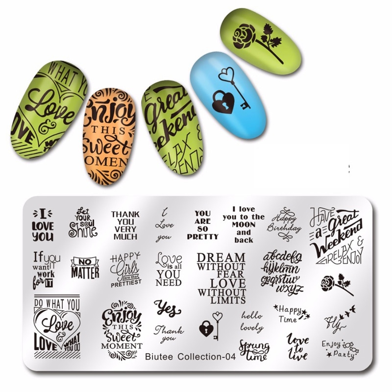 Biutee nail art dyreverden engelsk bogstav ord negle stemple plader rektangel nail art skabelon billede stamping plate