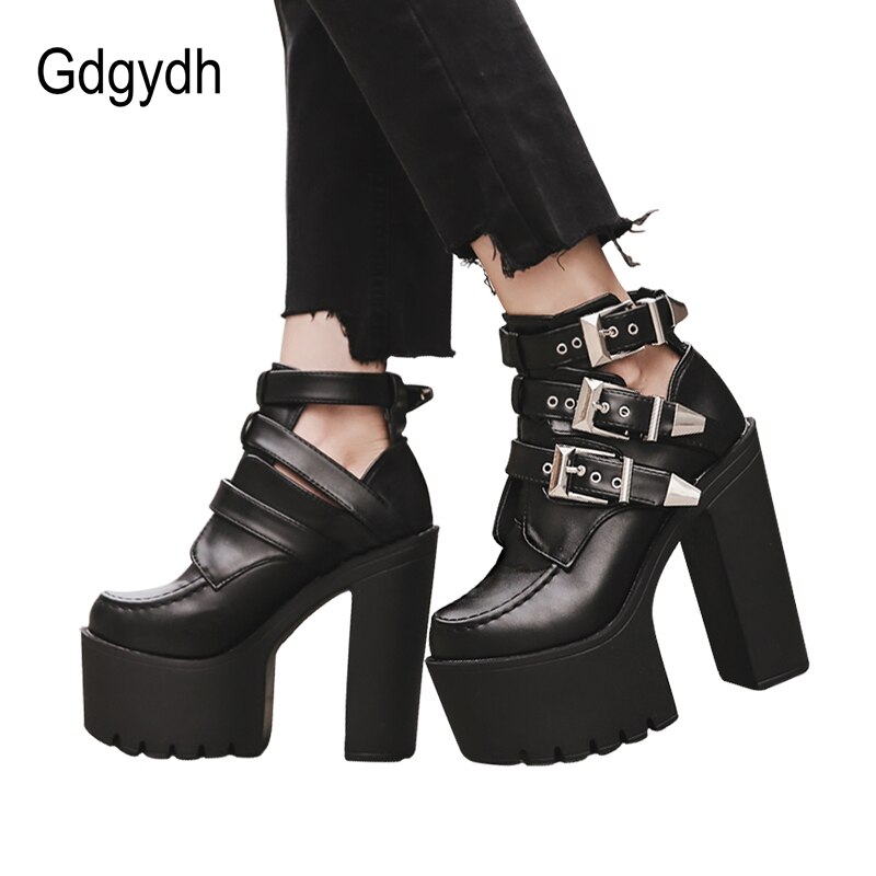 Gdgydh moda botas femininas fivela de couro macio primavera outono preto senhoras tornozelo botas de salto alto sapatos plataforma saltos grossos