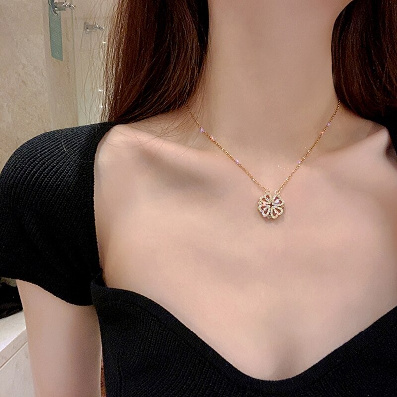 Klavertje Vier Ketting Magnetische Vouwen Hartvormige Sleutelbeen Chain Te Openen Choker Sieraden Opknoping Hanger Voor Vrouwen