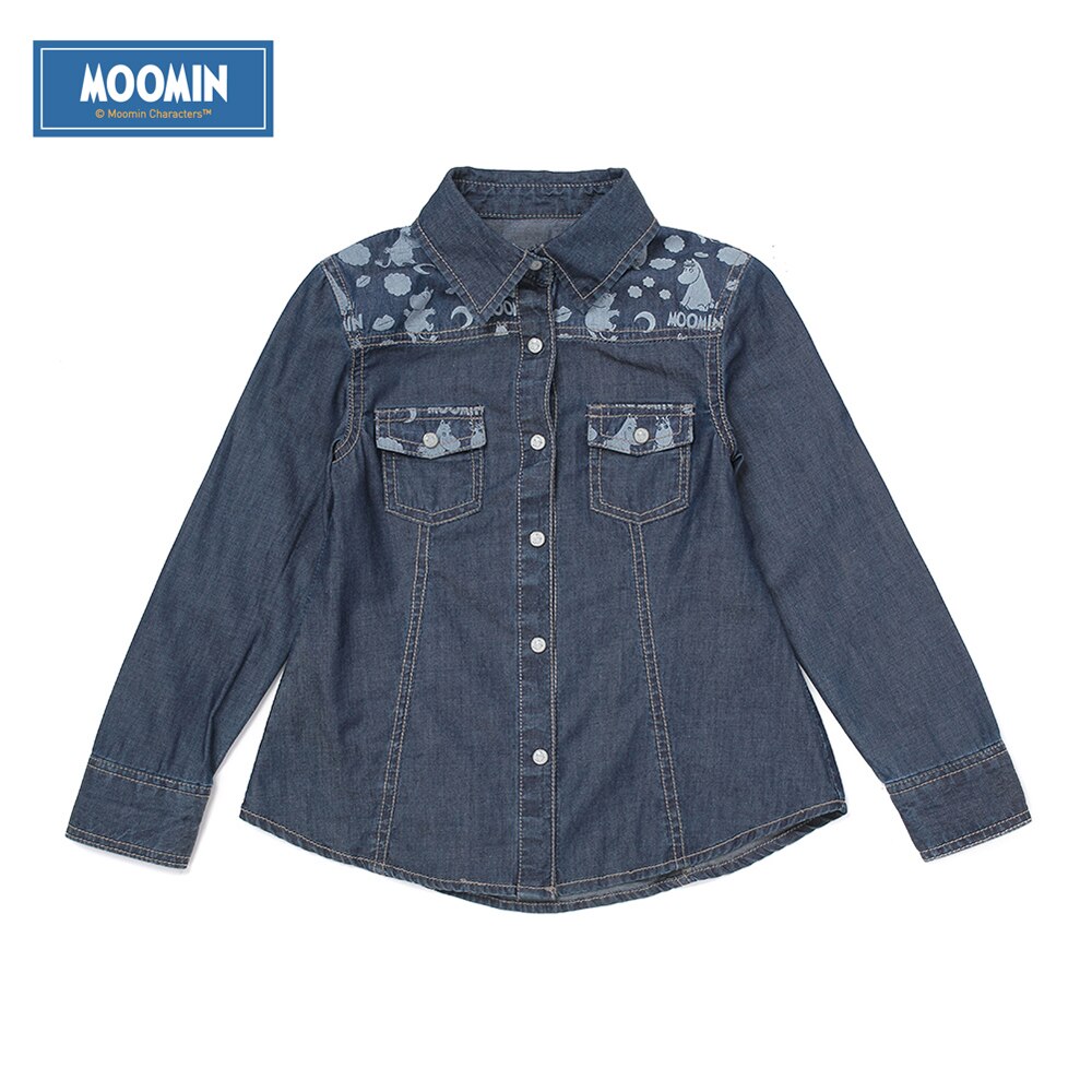 Moomin Meisjes shirt Herfst Mode 100% Nylon meisjes lange mouw Popeline Unisex blauw jeans shirt