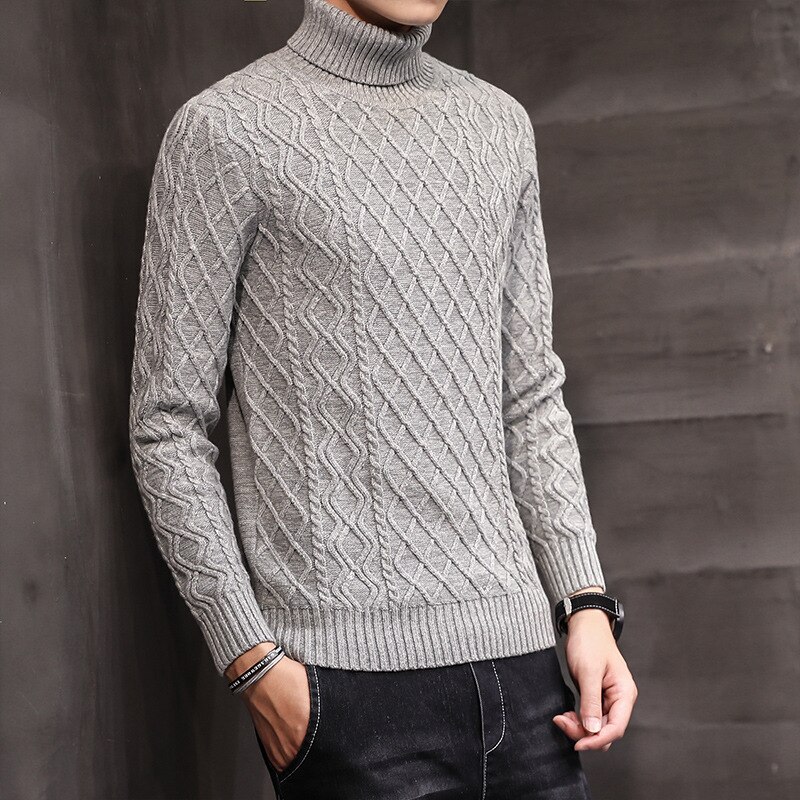Herr ulltröja solid slim fit höst vinter varma tjocka mjuka kläder stickad vardagströja herr: Ljusgrå / M