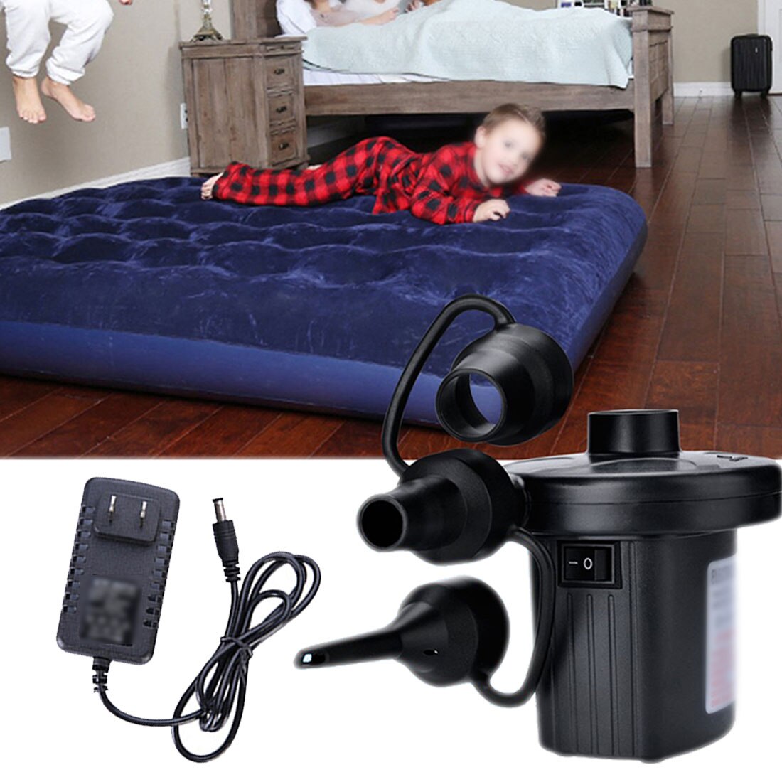 12V Air Mattress Camping Pump Car Electric Inflatable Pump Portable Car Air Compressor Pump Inflatable Boat Pump with 3 Nozzles