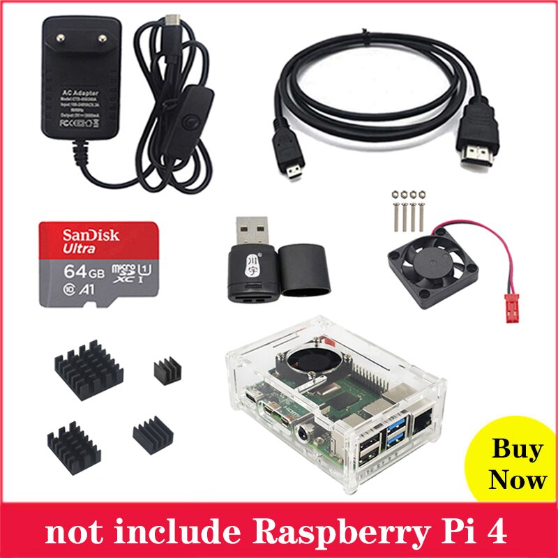 Raspberry Pi 4 Acrylic Case + Fan + Power Supply Adapter + Aluminum Heat Sink for Raspberry Pi 4 Model B RPI 4B: Bundle 4