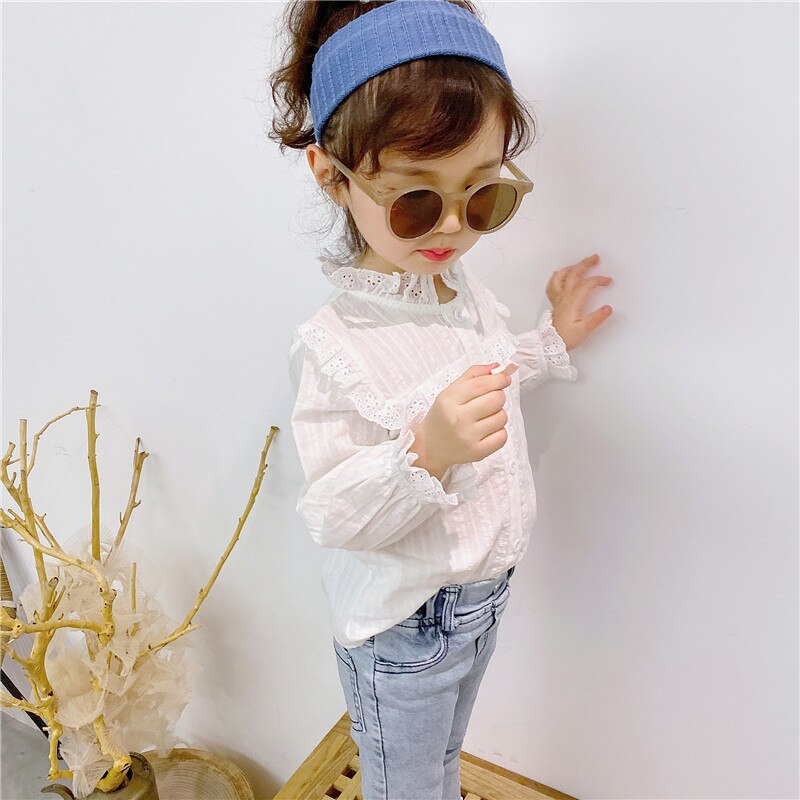 Volante para niña pequeña, Blusa de algodón para niño niña, Camisa sin mangas de manga larga, blusa blanca para otoño y primavera, ropa de bebé de 1 a 7 años
