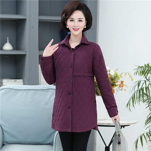 Chaqueta acolchada de algodón para mujer, chaqueta fina con cuello camisero de mediana edad, para otoño e invierno,: Púrpura / 4XL