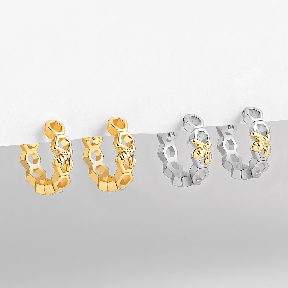 Nova moda ouro prata cor mista inseto abelha brincos para as mulheres charme favo de mel pequena orelha aros huggie piercing jóias presentes