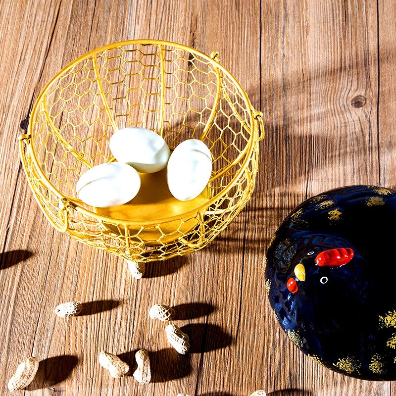 Æg frugt metal opbevaring kurv keramik med låg stor kapacitet mesh brød kurv høne ornament organizer køkken kurv