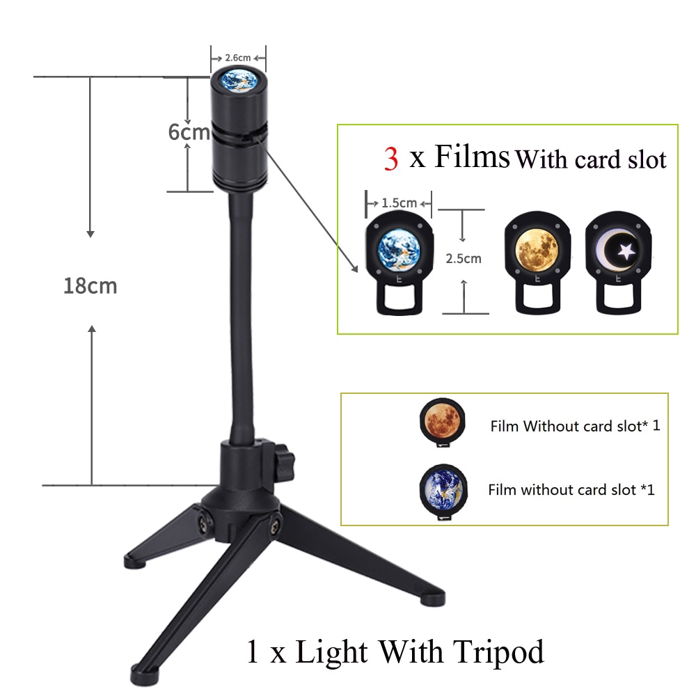 Himmel projektor nattlys planet magisk måne jord projeksjon ledet lampe 360 ° roterbar usb 5v 3w låve soverom veggdekor belysning: 1 x stativ 5 x filmer