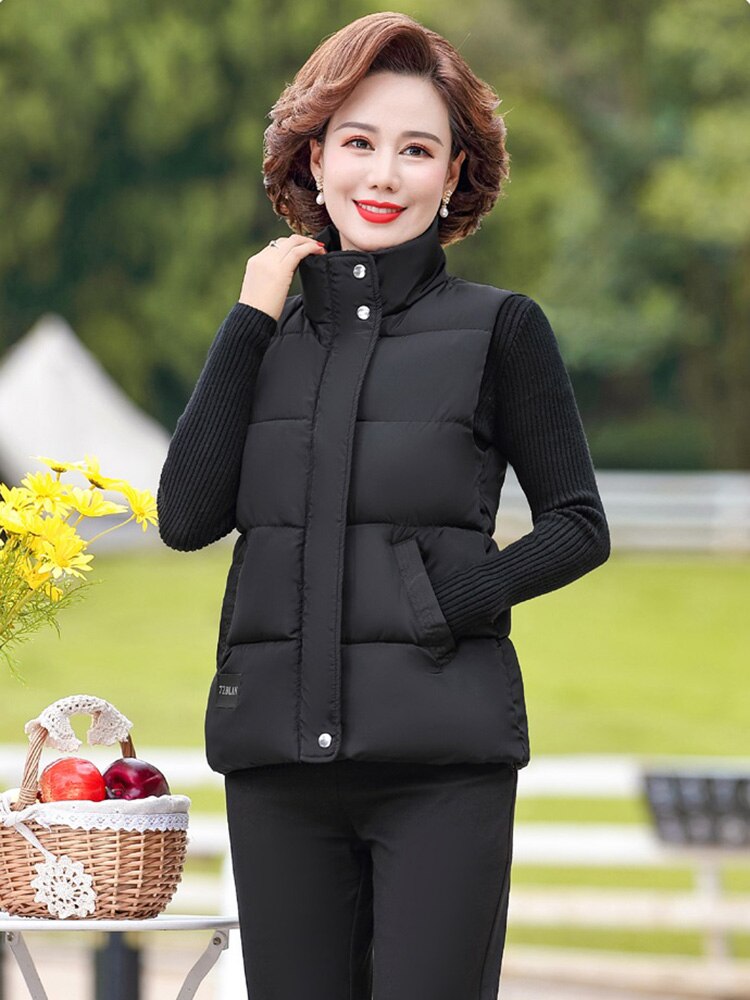Middle-aged and Elderly Women's Vest Autumn Winter Down Cotton Waistcoat Sleeveless Keep Warm Jacket Outwear Plus Size 5XL W96: Black / 4XL