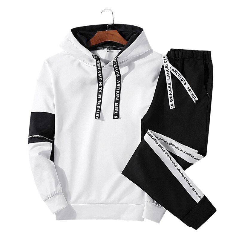 Patchwork survêtements hommes ensembles printemps automne sweat à capuche costume hommes vêtements de sport pull deux pièces ensemble décontracté hommes ensembles: White / XXL