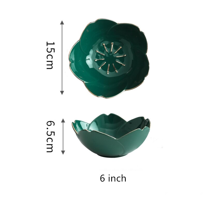 Green Ceramic Tableware Salad Bowl with Gold Edge Flower Shape Plate Chinaware Dim Sum Dishes Steak Western Food Flavor: 6 inch