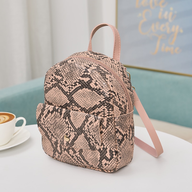 Women Ladies Snakeskin Pattern Backpack Ladies Stylish Small Zipper Purse Casual PU Satchel for Travel Shopping