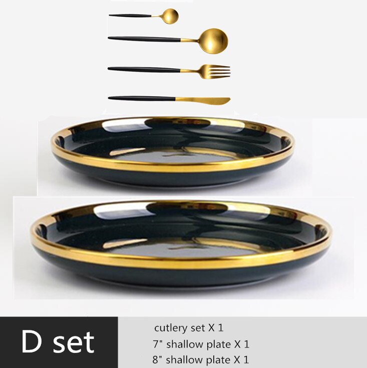 Gilt Rim Dark green Plate Steak Food Plate Nordic Style Tableware Bowl Ins Dinner Dish High End Porcelain Dinnerware Set: D set