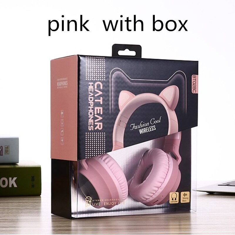 LED Cat Ear Noise Cancelling Headphones Bluetooth 5.0 Young People Kids Headset Support TF Card 3.5mm Plug With Mic: Pink with Box