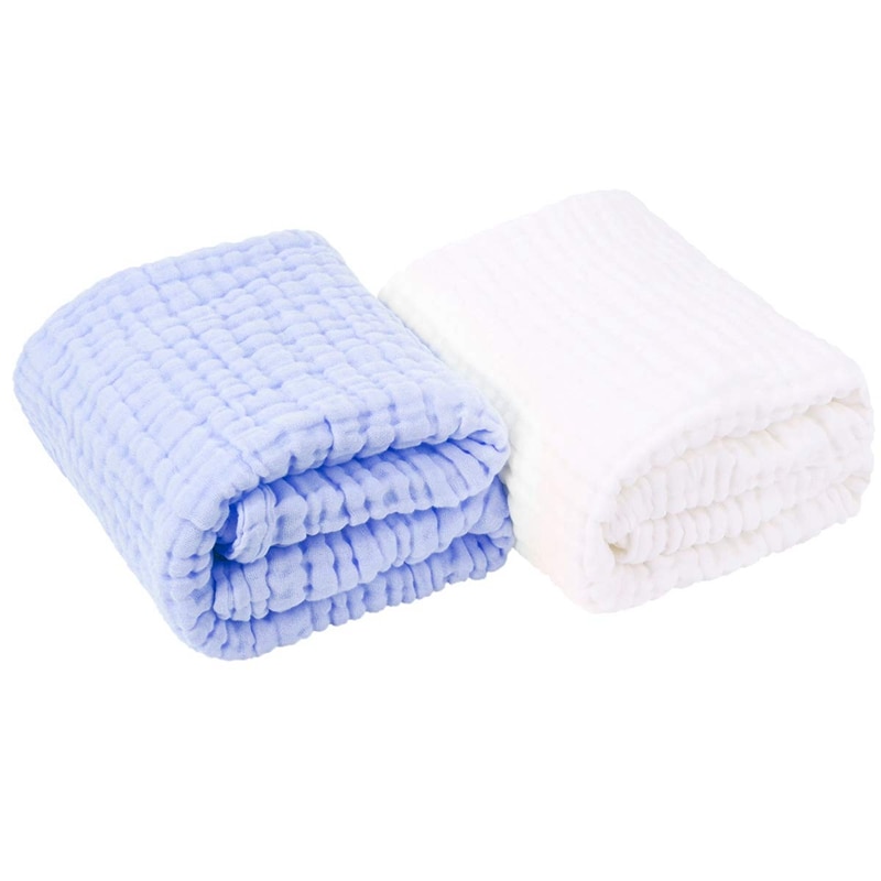 Mousseline Baby Handdoek Katoen Gaas Super Zachte Baby Bad Handdoeken 6 Lagen Zuigeling Handdoeken 2 Pack 43.3 Inch X 43.3 inch (Wit, blauw)