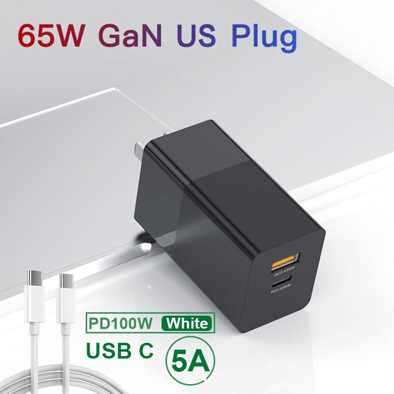 65W Quik Charge 3.0 PD Fast Charging Adapter Universal Type C GaN Charger For iPhone Mobile Phone Samsung Xiaomi US EU UK Plug: White / US-Data line