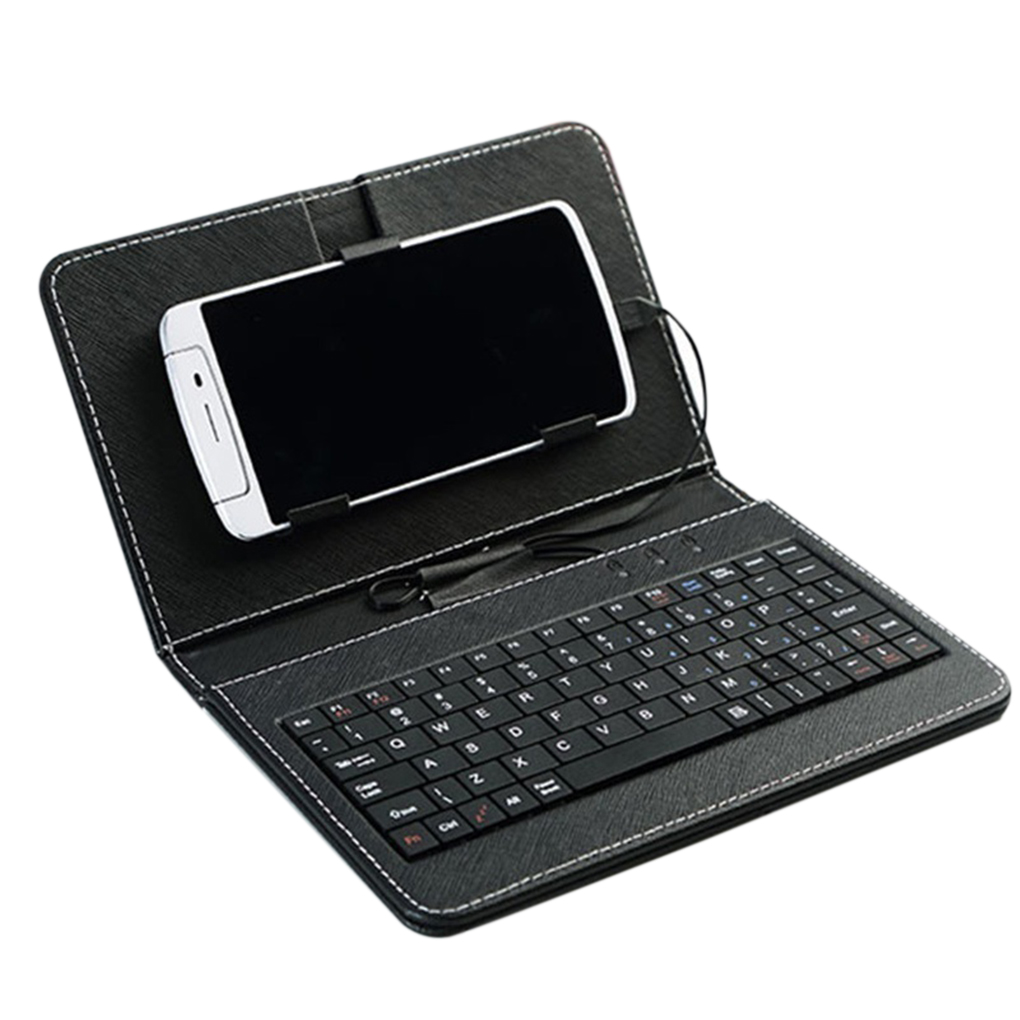 Bærbart pu lær trådløst tastaturetui til andriod beskyttende mobiltelefon med bluetooth tastatur til 4.8-6 tommers telefon: Svart