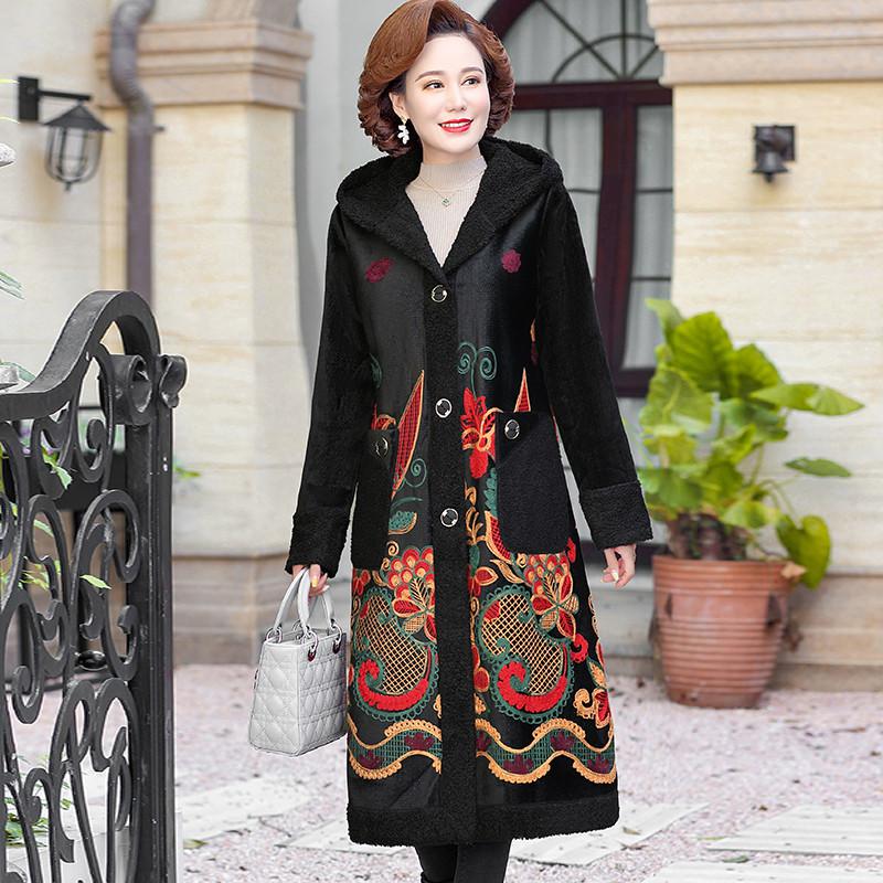 Gabardina larga con capucha para mujer, chaqueta gruesa de felpa aterciopelada con bordado de flores, estilo retro, otoño e invierno,: 2 / 4XL
