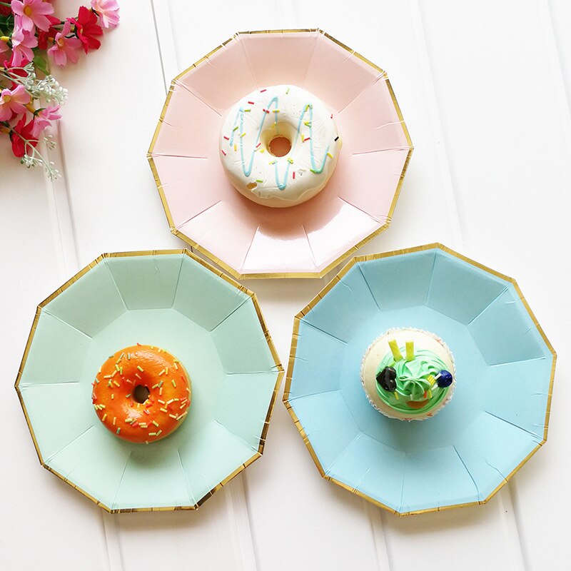 24pcs/set Disposable Tableware Set Green Pink Blue Regular Decagon Paper Plate Cups For Wedding Birthday Party Picnic Supplies
