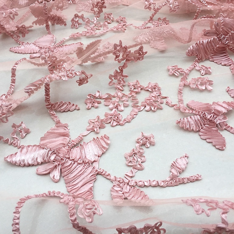 Roze/rode vlinder kant Garen stof 3D Geborduurde Chiffon stof Europese garen kant doek voor jurk DIY 1 bestelling = 1 meter