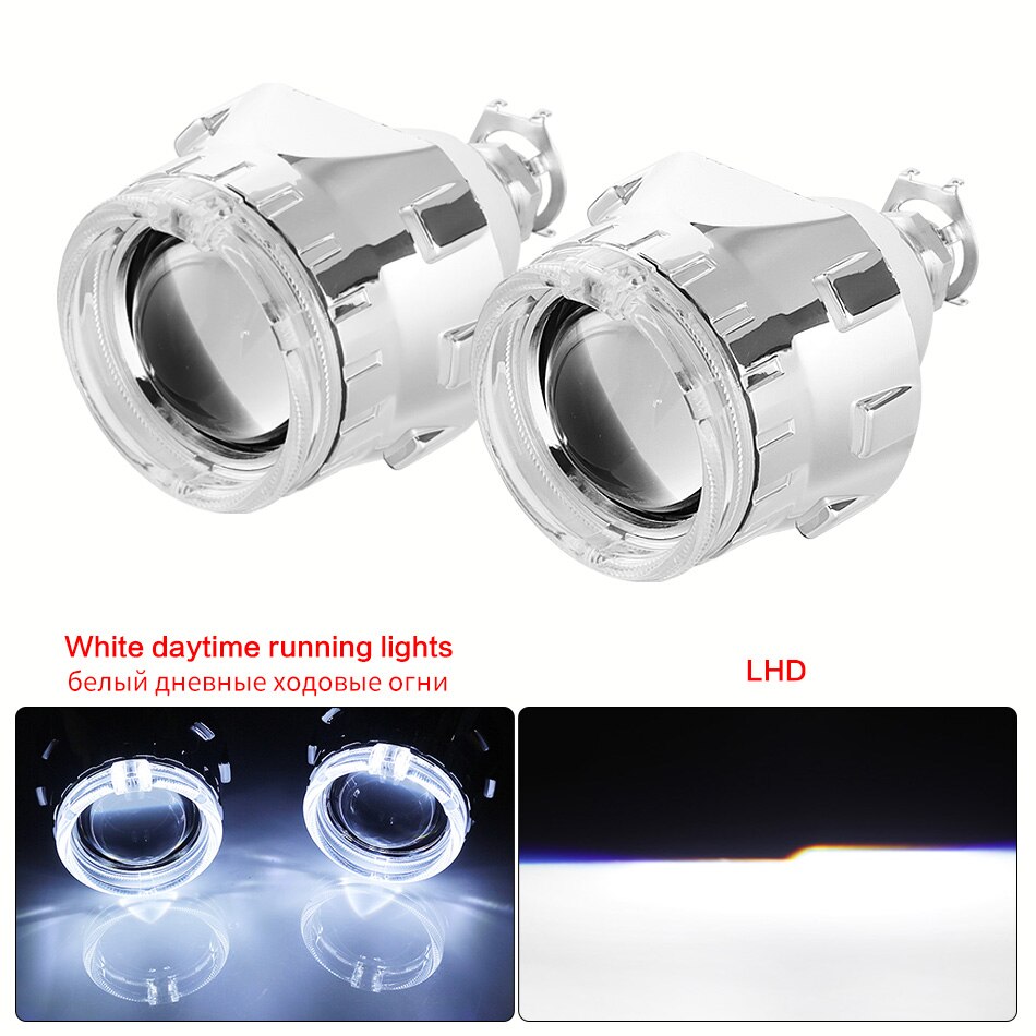 Aileo 2x 2.5 tommer led angel eyes bi-xenon projektor linse kørelys drl  h4 h7 h11 bil retrofit styling brug  h1 lys universal: Sølv hvid lhd