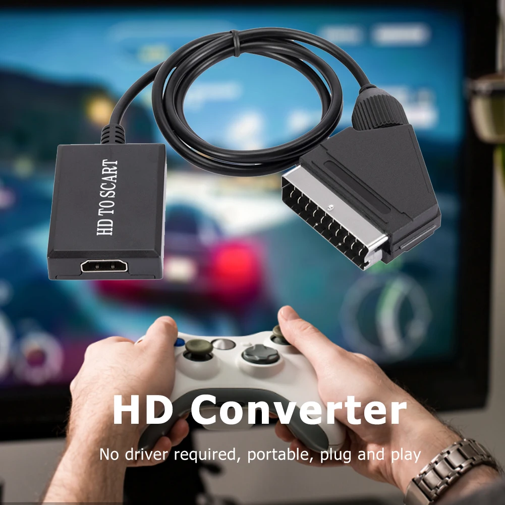 Hdmi-kompatibel til scart video-lydkonverteradapter til hd-tv, dvd til skybox, stb, plug and play-strømkabel