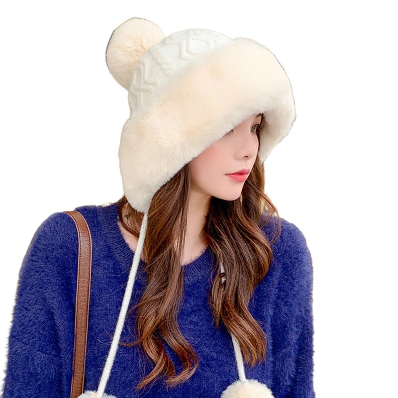 Vrouwen winter warme pluche kabel gebreide bomber muts pompon oorkleppen trapper pet warmer: Melkwit