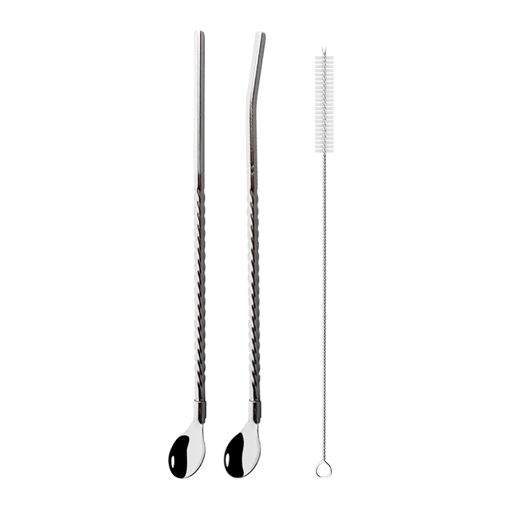 Kleurrijke Rvs Lange Metalen Rietje Lepel 218Mm Herbruikbare Koffie Bar Keuken Party Drink Rietjes Accessoires: Silver