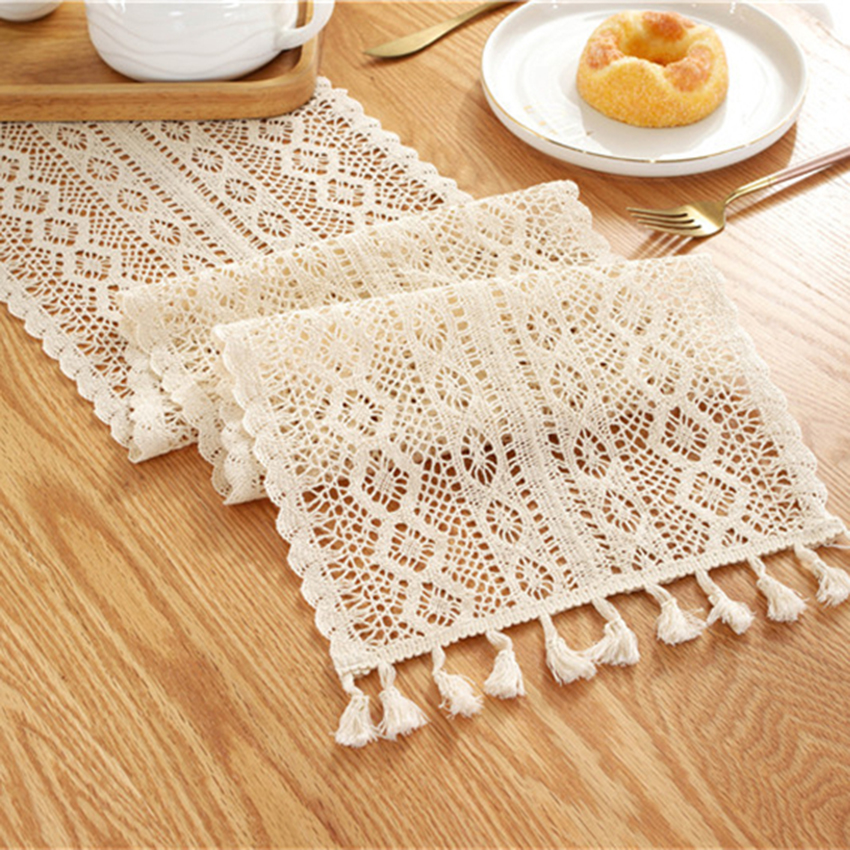 Chemin de Table Pastoral en dentelle fait à la main avec pompon, Crochet de campagne, tricot ajouré en coton, chemin de Table, ornement de Table à manger