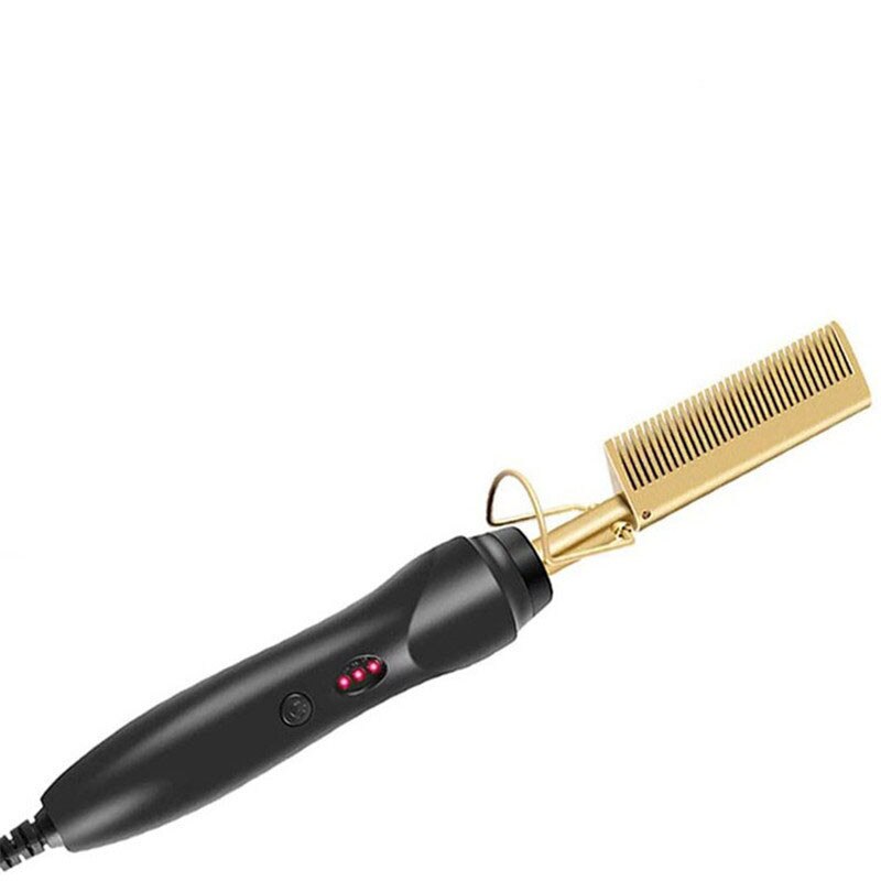 2 en 1 peigne lisseur électrique brosse à lisser les cheveux lissage fer peigne bigoudi humide sec utilisation peigne chauffant pour les cheveux: Us Plug / Golden