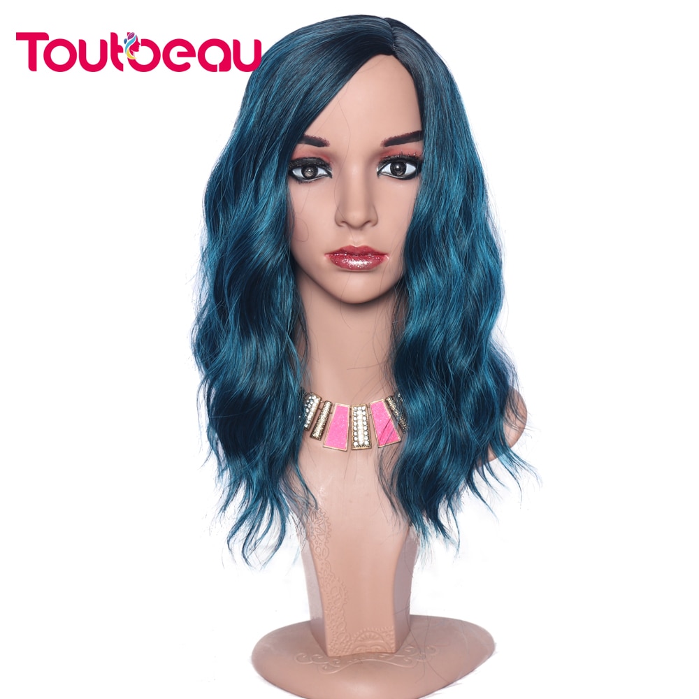 Blue Wigs Medium Length Curly Wigs 16inch Mix-Blue Side Part Wigs Synthetic Wavy Wig Costume Cosplay Wig Heat Resistant Fiber