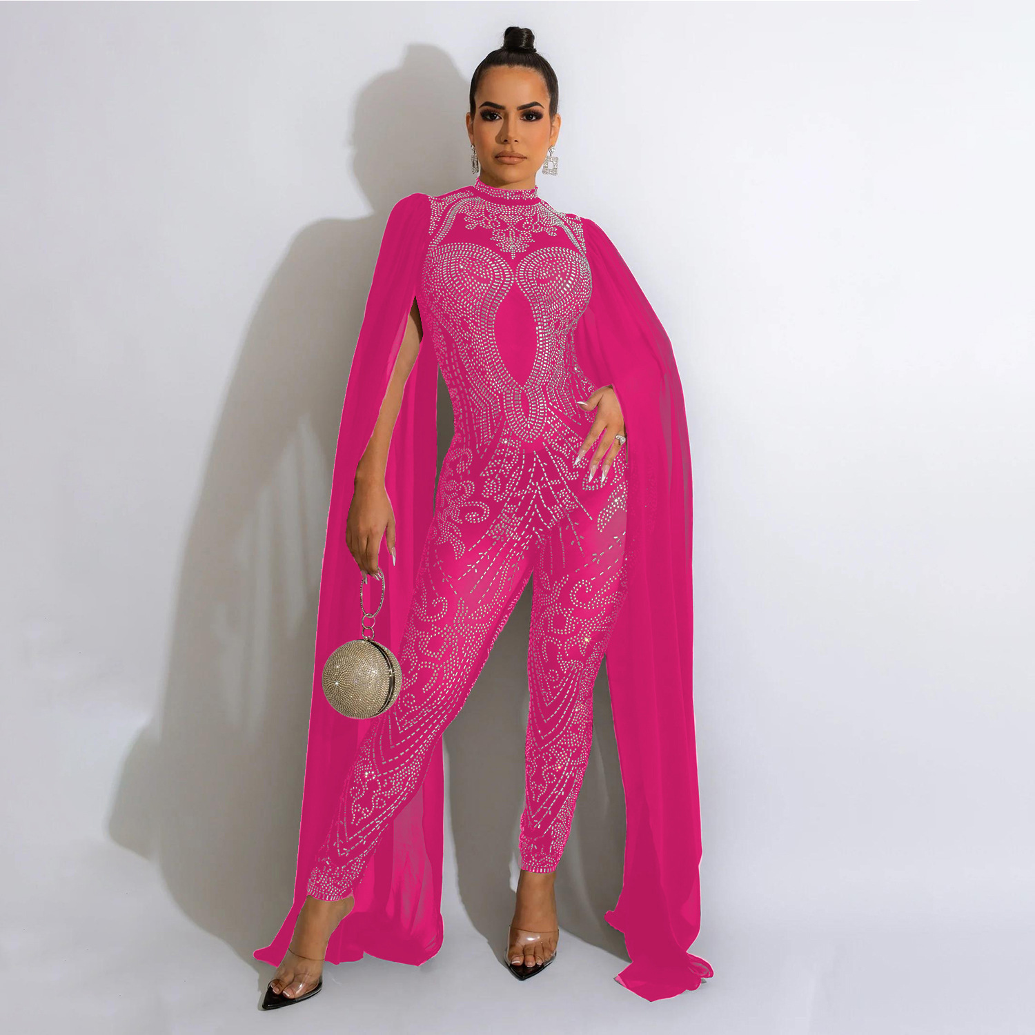 Sjalärm mesh kristall jumpsuit dam jumpsuit lyxig transparent paljetter festjumpsuit födelsedagsset balklänningar