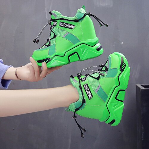 Femmes Fluorescence couleurs plate-forme à lacets baskets décontracté cale Super haute 11CM chaussures à talons 3 couleurs Styles coréens A3: green / 39