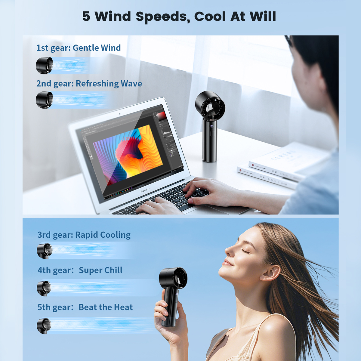 coldSky Handventilator Snelheid 1-100 Verstelbare 4000mAh Oplaadbare miniventilator met digitaal display Kleine draagbare ventilator voor buiten