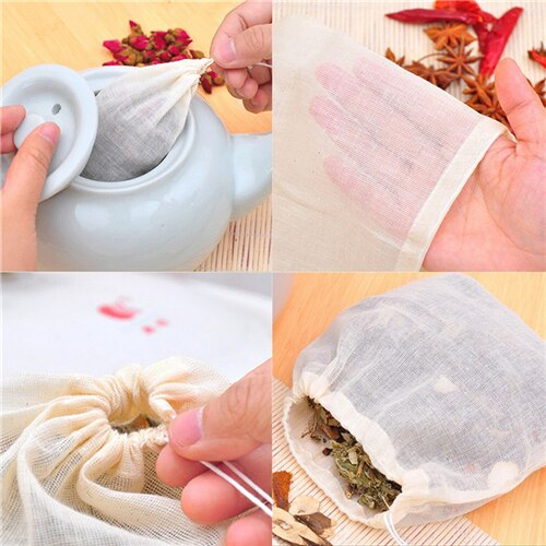 10Pcs Cotton Tea Bags Muslin Drawstring Straining Bag for Tea Herb Bouquet Spice 8x10cm Coffee Pouches Tools Home Garden