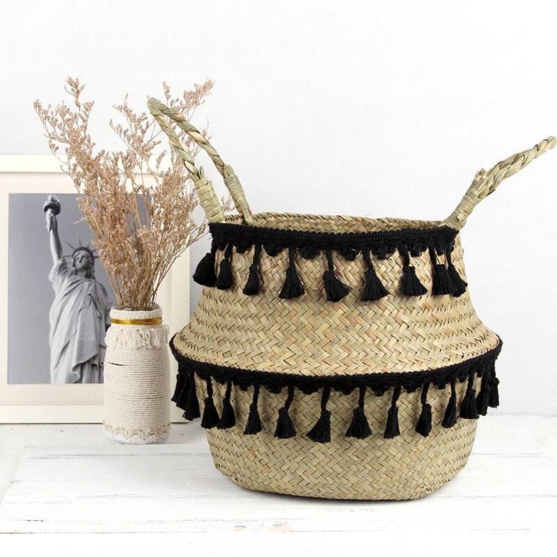 Flet kurv hængende plante kurve have blomstervase potte sammenfoldelig krukke med håndtag opbevaringskurv arrangør vasketøjskurv: Sort / 27 cm x 23cm