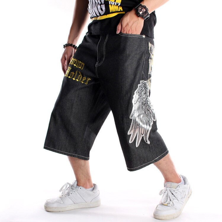 Short en jean pour hommes, jambes larges, broderie, Hip Hop, Baggy, Capri, imprimé, surdimensionné, 30-46