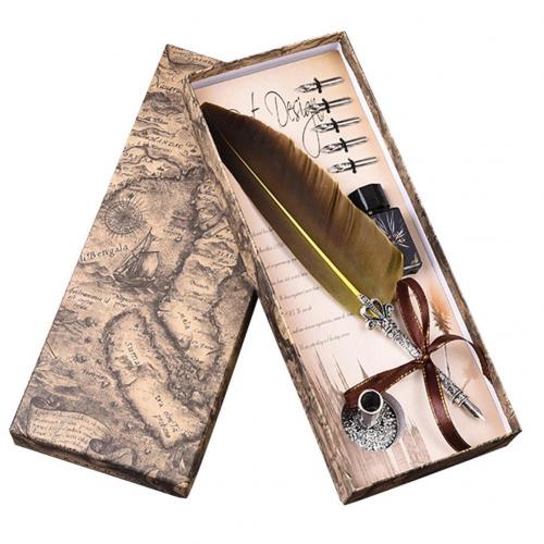 Luxe Vintage Veren Pen Retro Engels Kalligrafie Quill Dip Vulpen Met 5 Penpunten Briefpapier Kantoor Schoolbenodigdheden: YELLOW
