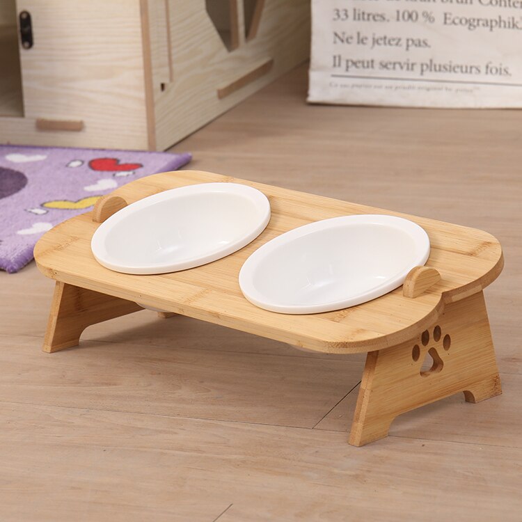 Cuencos de cerámica para perros y gatos, cuencos de acero inoxidable para comida de mascotas, vajilla de agua, cuenco con marco de bambú, suministros para mascotas: double bowl ceramic